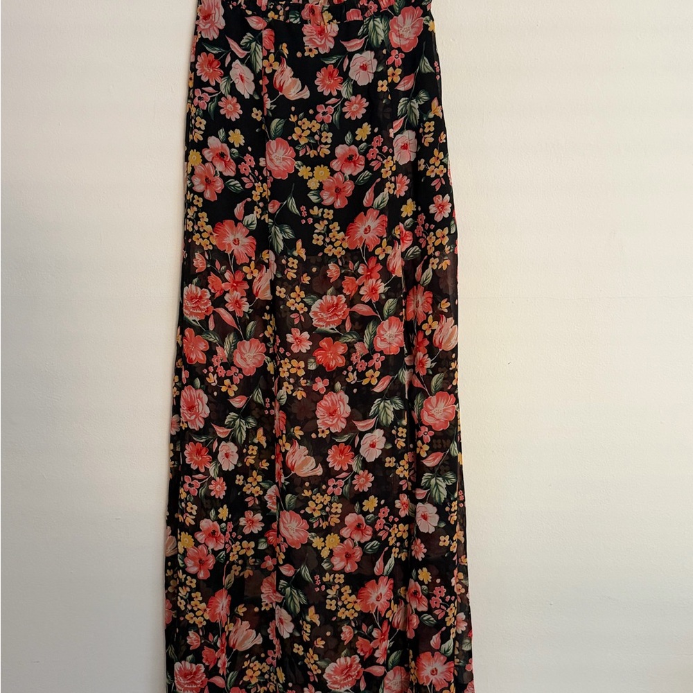 Forever 21 Black Maxi Skirt with Pink & Coral Floral Print